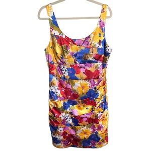 BISOU BISOU Sheath Colorful Floral Ruching Sleeveless Padded Bra Dress Size 14